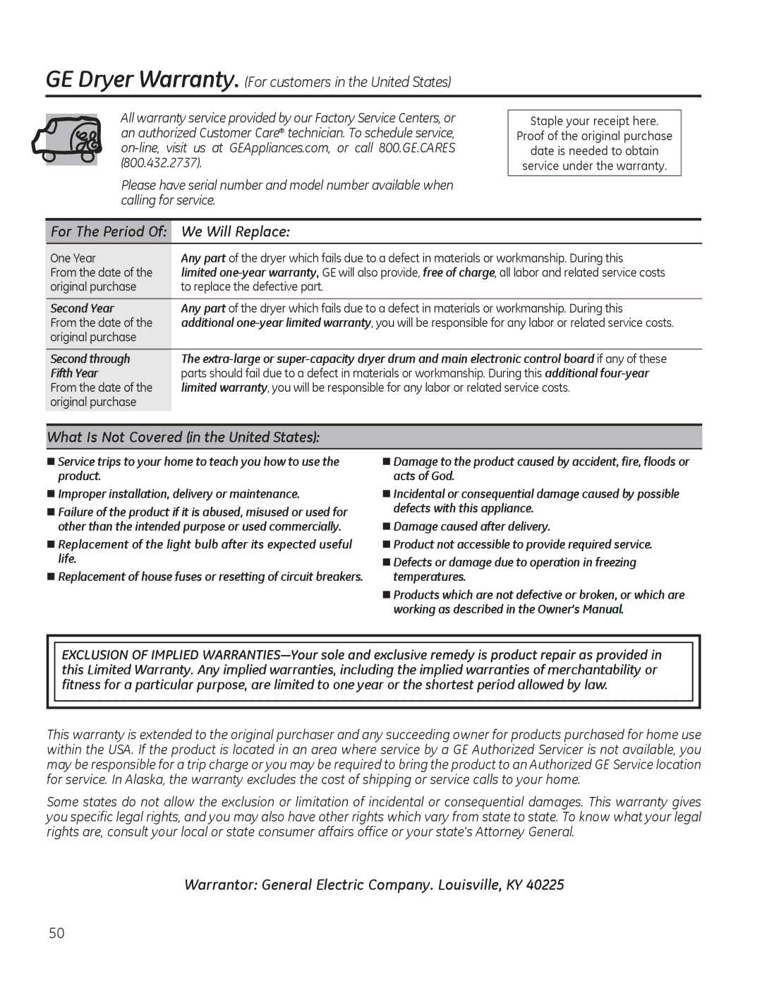 GE PFMN445 We Will Replace, What Is Not Covered in the United States, Warrantor General Electric Company. Louisville, KY 