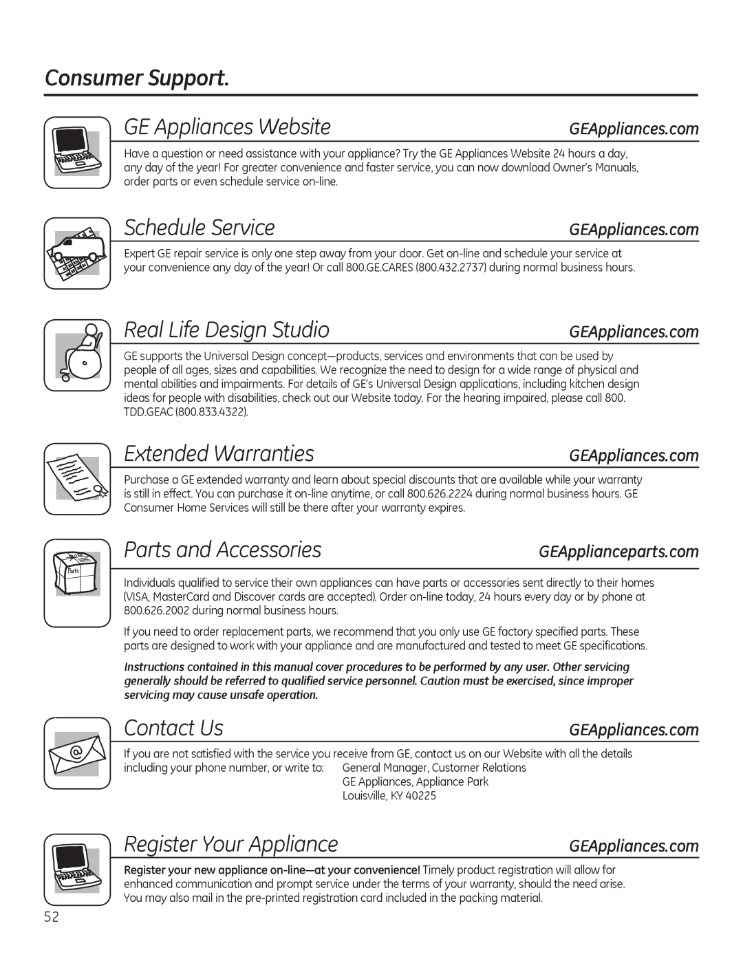 GE PFMS450, PFDS450 Consumer Support GE Appliances Website, Schedule Service, Real Life Design Studio, Extended Warranties 