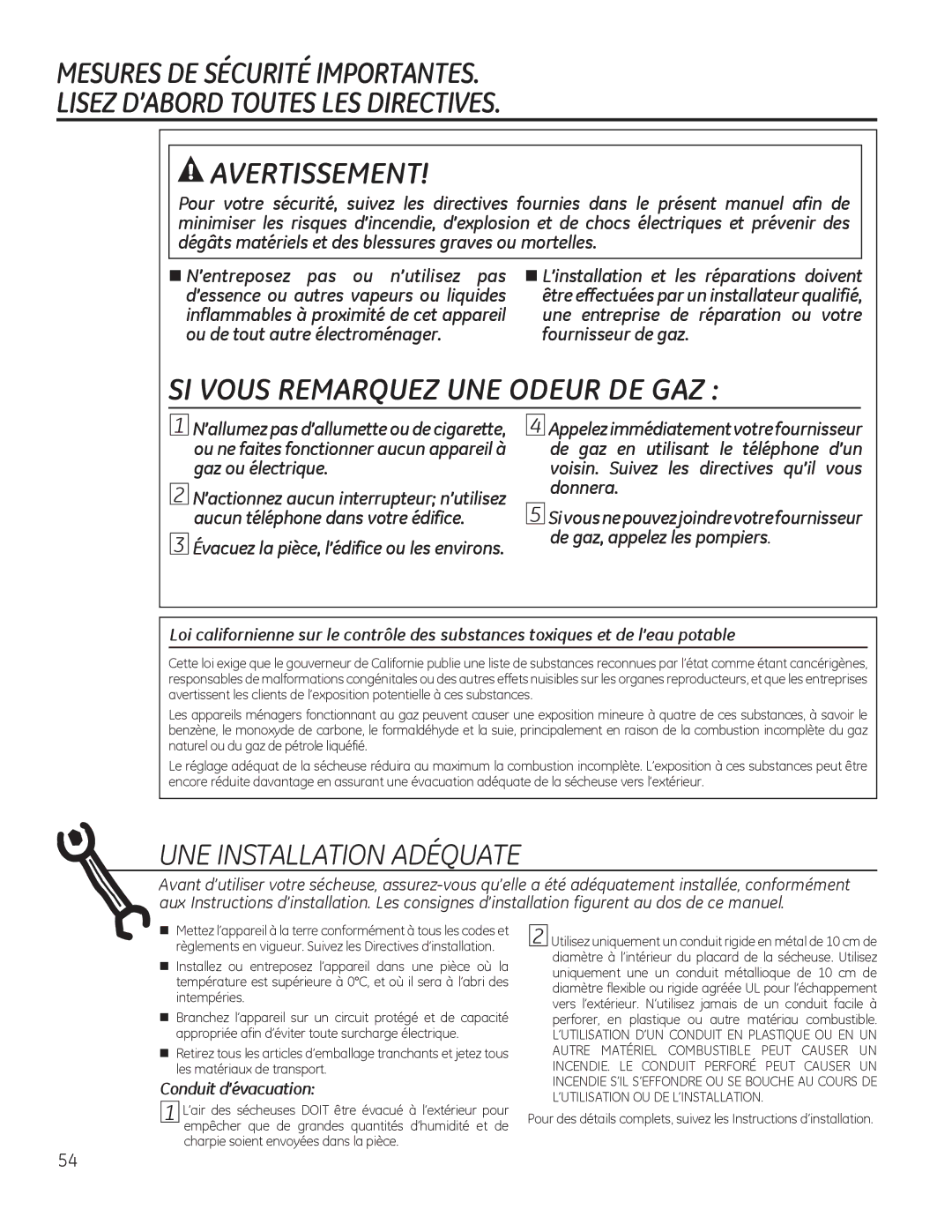 GE PFDN445, PFDS450, PFDN440, PFMN445, PFDS455, PFMS450, PFMN440 SI Vous Remarquez UNE Odeur DE GAZ, Conduit d’évacuation 