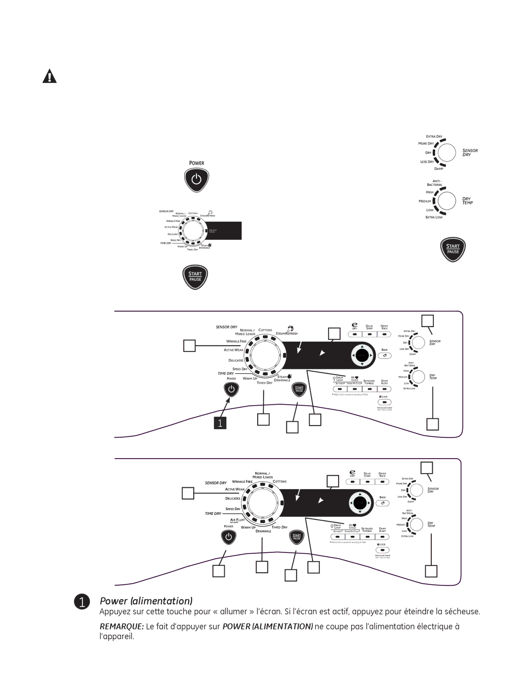 GE PFDN440, PFDS450, PFMN445, PFDS455, PFMS450, PFMN440, PFDN445, PFMS455 operating instructions Démarrage, Power alimentation 