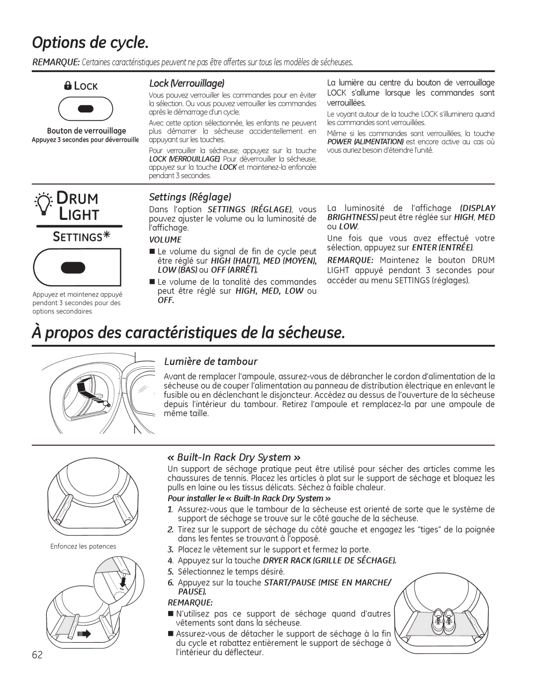 GE PFDN445, PFDS450 Propos des caractéristiques de la sécheuse, Lock Verrouillage, Settings Réglage, Lumière de tambour 