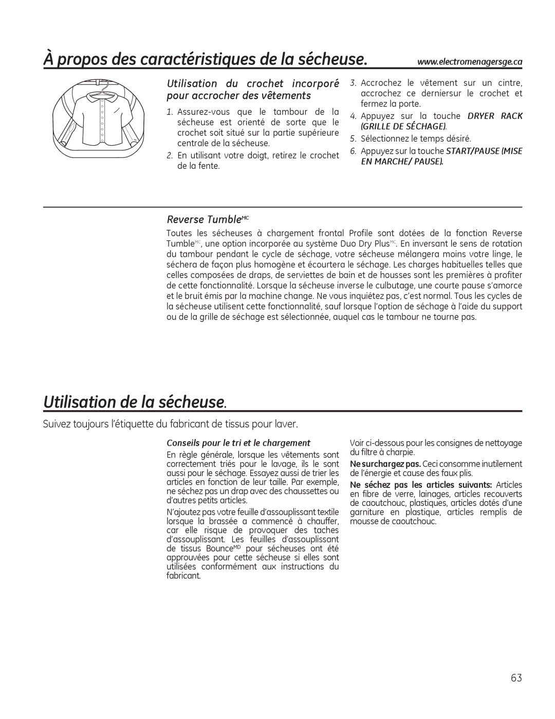 GE PFMS455, PFDS450, PFDN440, PFMN445 Utilisation de la sécheuse, Reverse TumbleMC, Conseils pour le tri et le chargement 