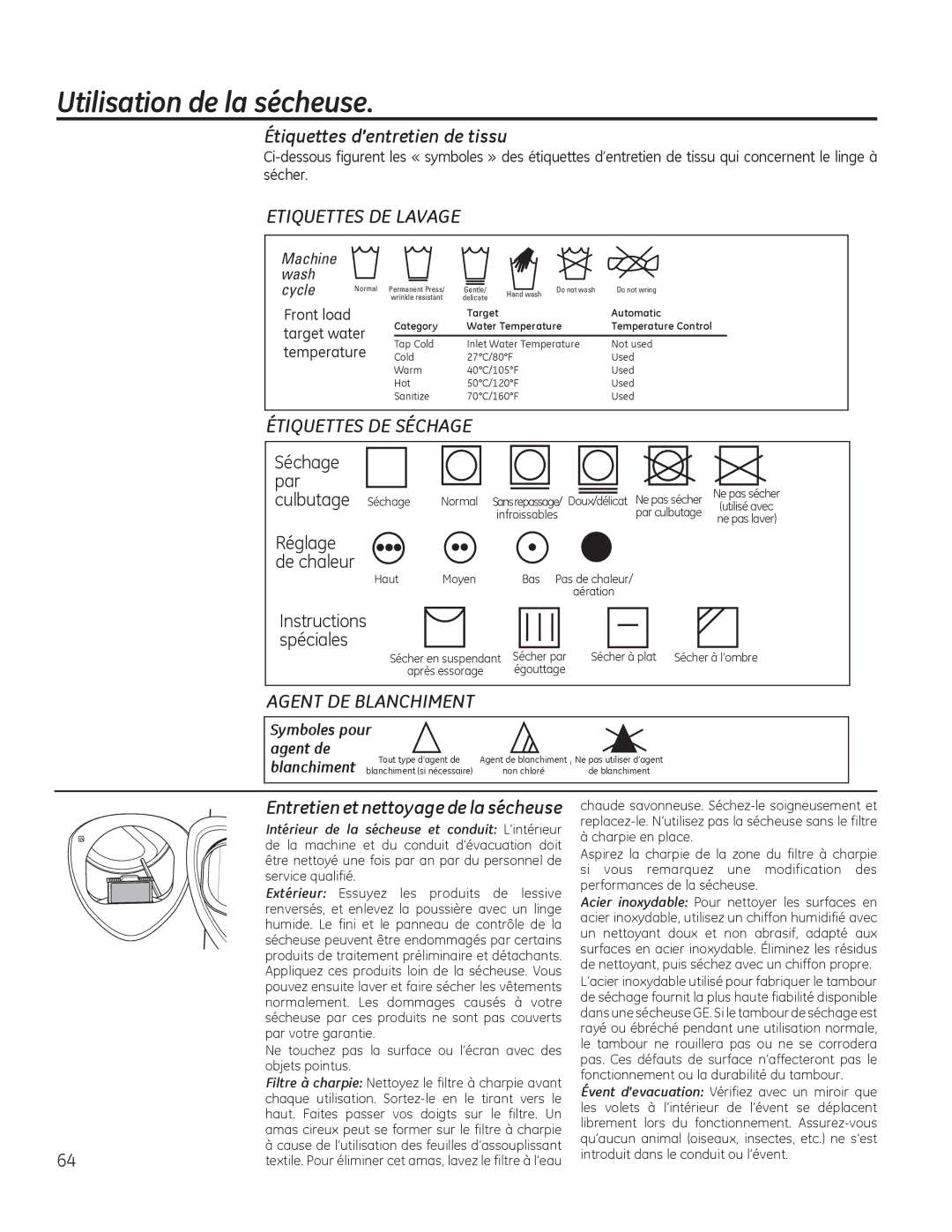 GE PFDS450, PFDN440, PFMN445, PFDS455 Étiquettes d’entretien de tissu, Bleach, Entretien et nettoyage de la sécheuse, Pour 