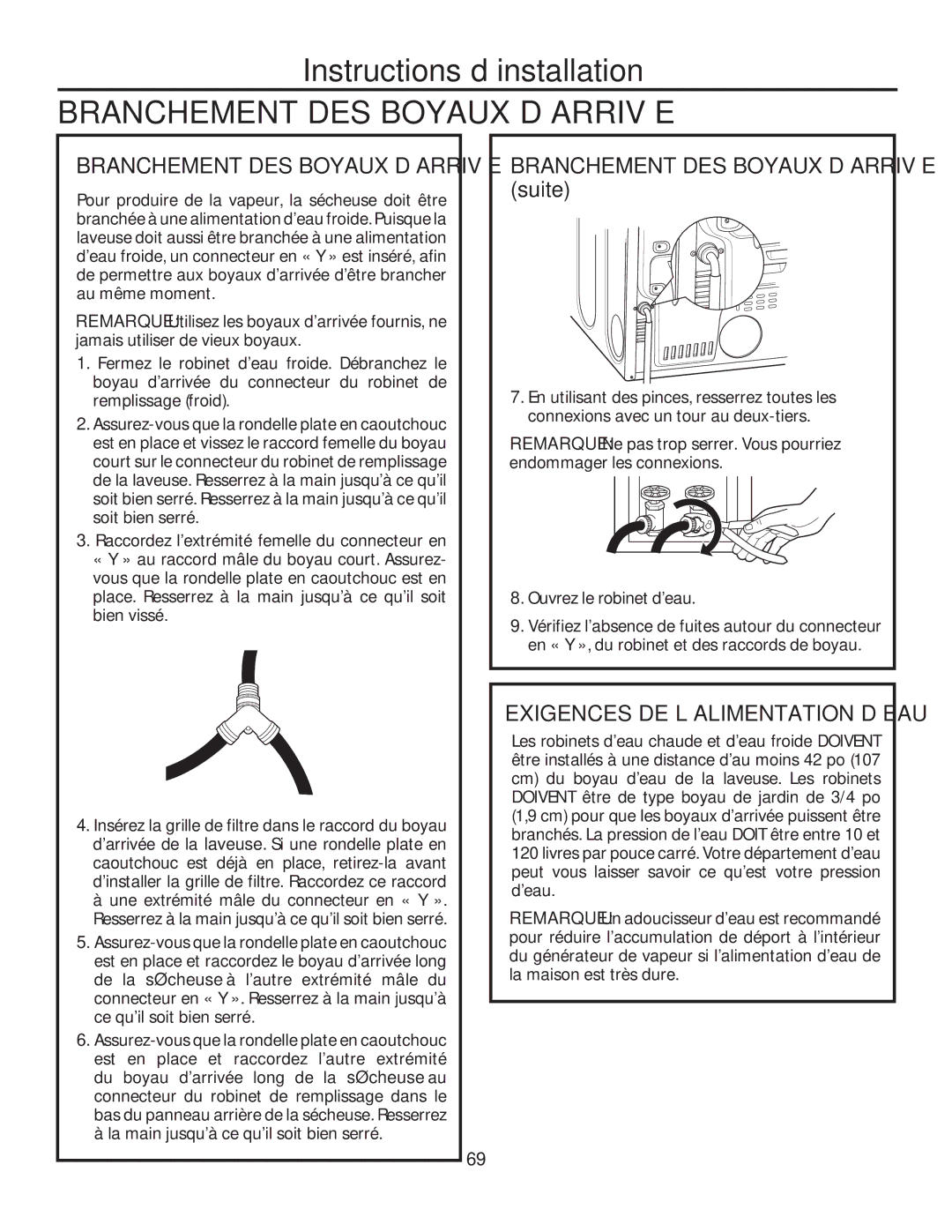 GE PFMN440, PFDS450, PFDN440, PFMN445, PFDS455, PFMS450 Branchement DES Boyaux D’ARRIVÉE, Exigences DE L’ALIMENTATION D’EAU 