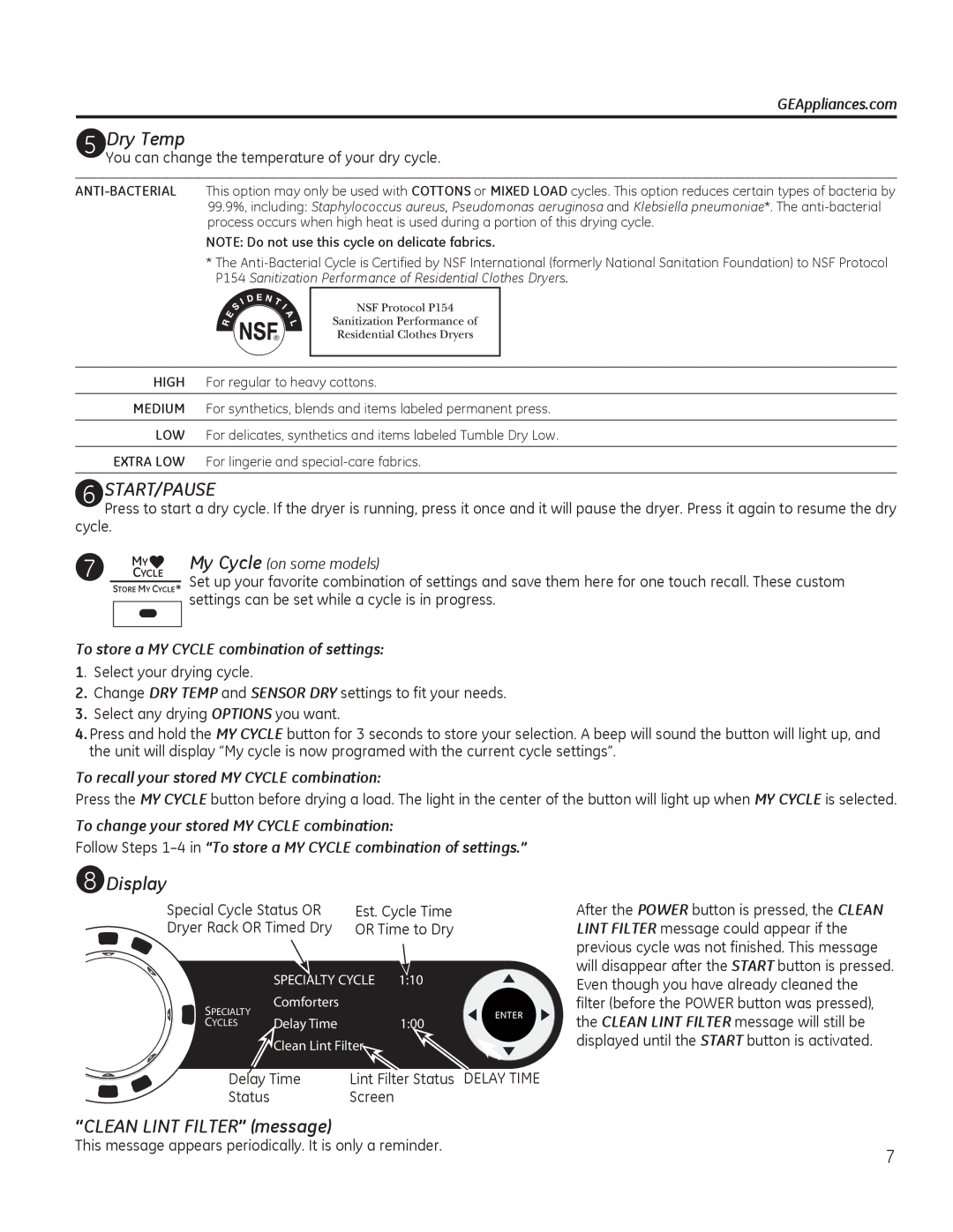 GE PFMS455, PFDS450, PFDN440, PFMN445, PFDS455, PFMS450, PFMN440, PFDN445 Dry Temp, Display, Clean Lint Filter message 