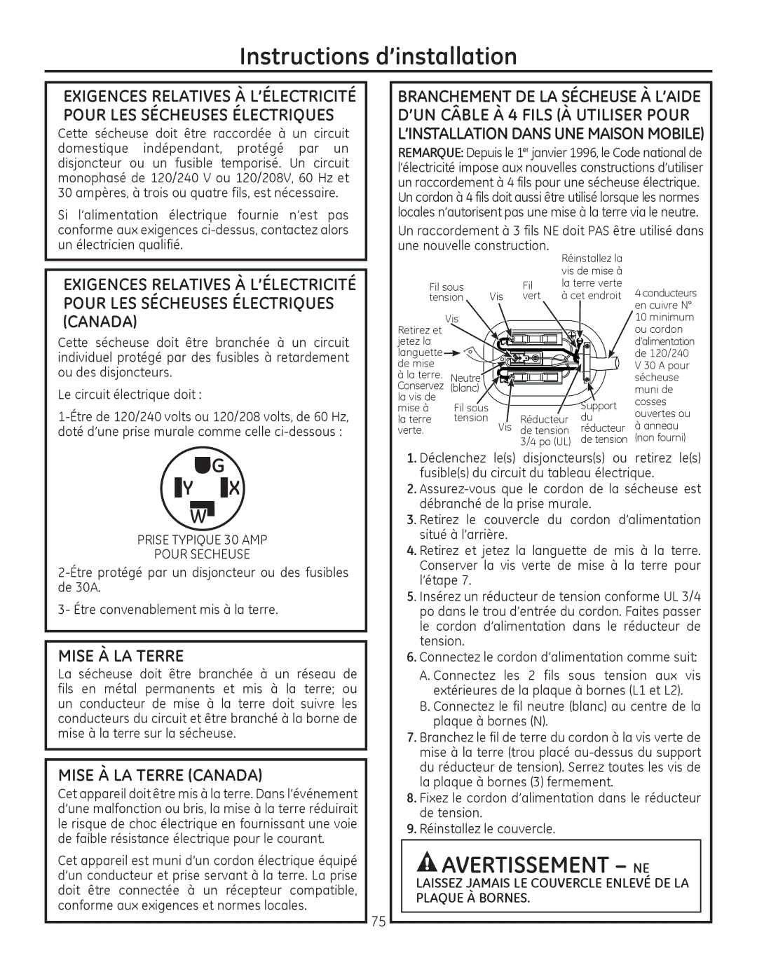 GE PFDS455, PFDS450, PFDN440, PFMN445 Mise À LA Terre Canada, Laissez Jamais LE Couvercle Enlevé DE LA Plaque À Bornes 