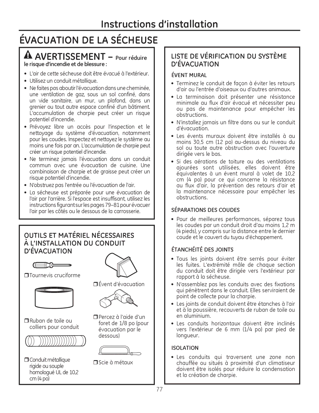 GE PFMN440 Le risque d’incendie et de blessure, Évent Mural, Séparations DES Coudes, Étanchéité DES Joints, Isolation 