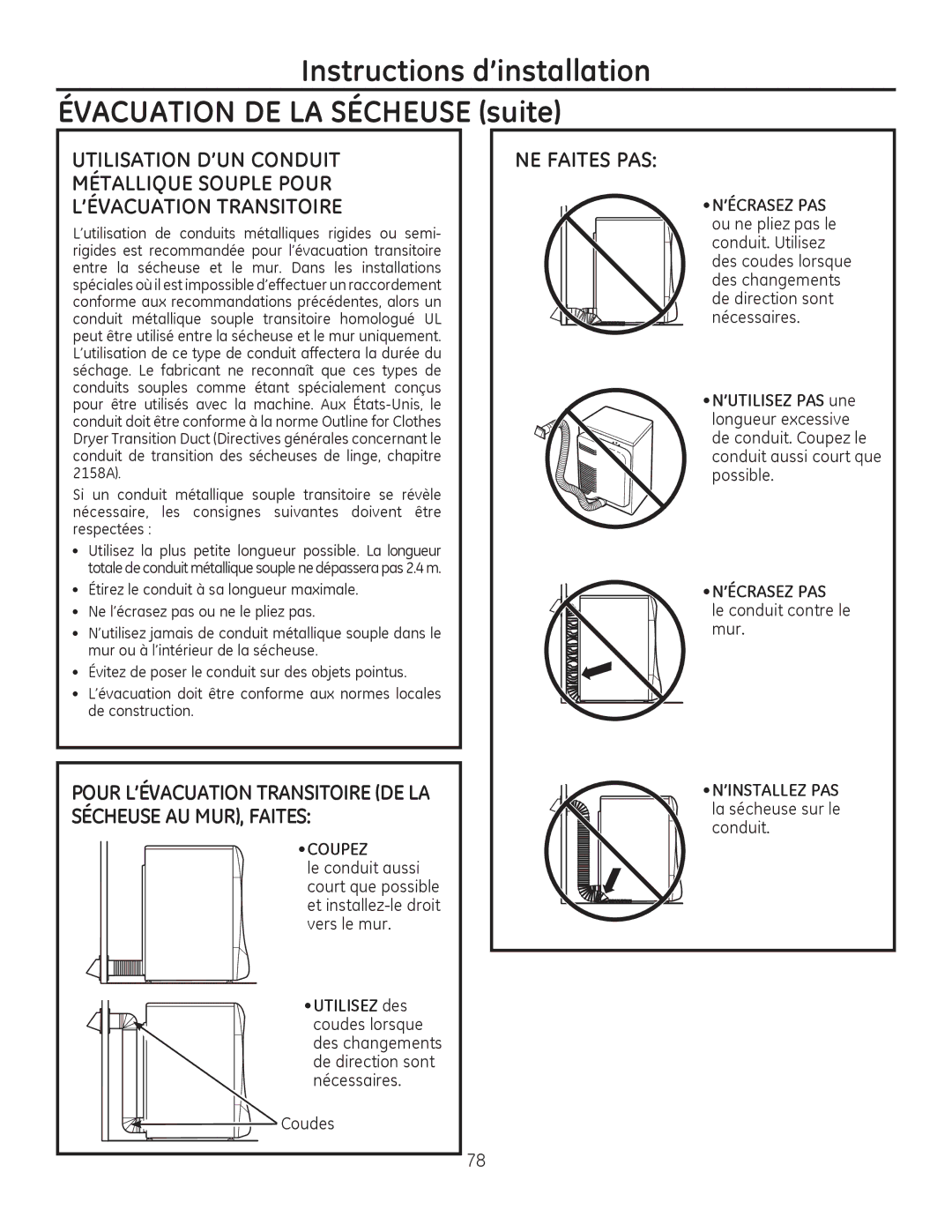 GE PFDN445, PFDS450 NE Faites PAS, Pour L’ÉVACUATION Transitoire DE LA Sécheuse AU MUR, Faites, Coupez, ’Écrasez Pas 