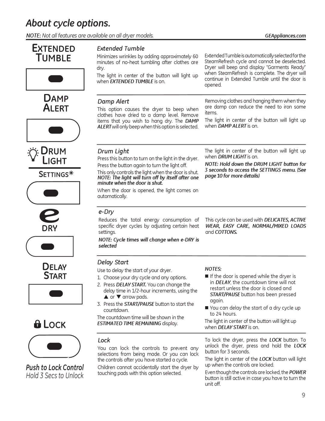 GE PFDN440, PFDS450, PFMN445, PFDS455, PFMS450, PFMN440, PFDN445, PFMS455 operating instructions About cycle options, Settings 