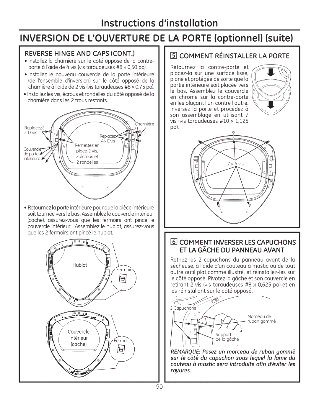 GE PFMN445, PFDS450, PFDN440 Comment Réinstaller LA Porte, Comment Inverser LES Capuchons ET LA Gâche DU Panneau Avant 