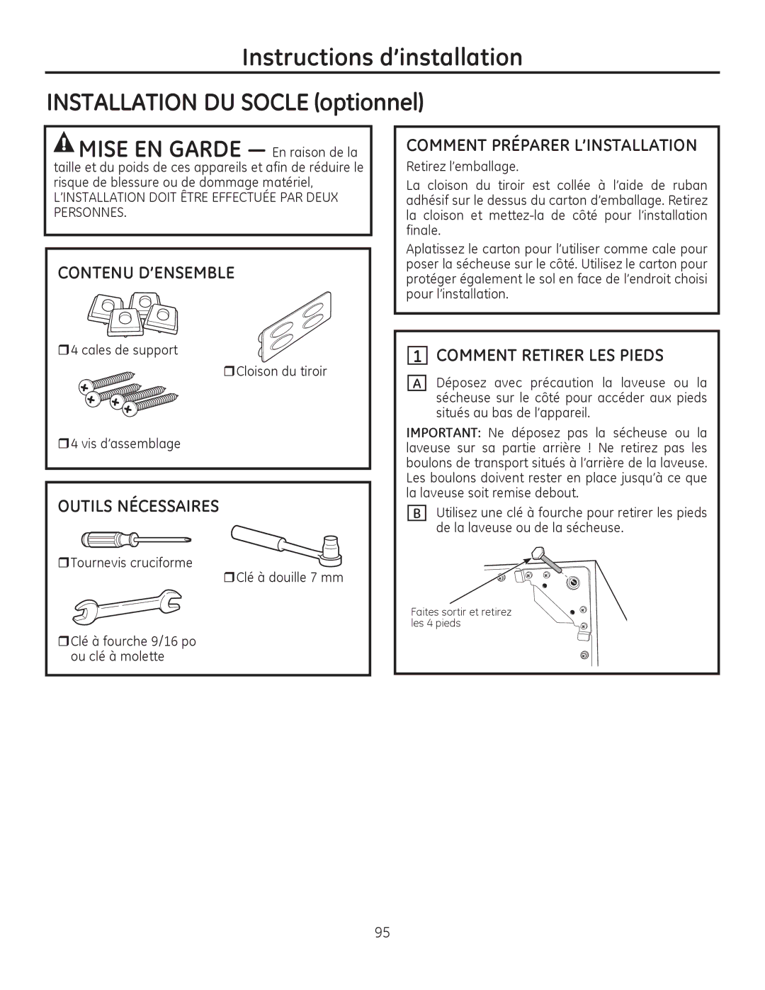 GE PFMS455, PFDS450, PFDN440, PFMN445, PFDS455 1*$5³ En raison de la, Contenu D’ENSEMBLE, Comment Retirer LES Pieds 