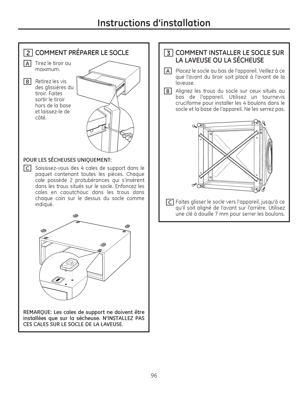 GE PFDS450, PFDN440, PFMN445, PFDS455, PFMS450, PFMN440, PFDN445 Comment Préparer LE Socle, Pour LES Sécheuses Uniquement 