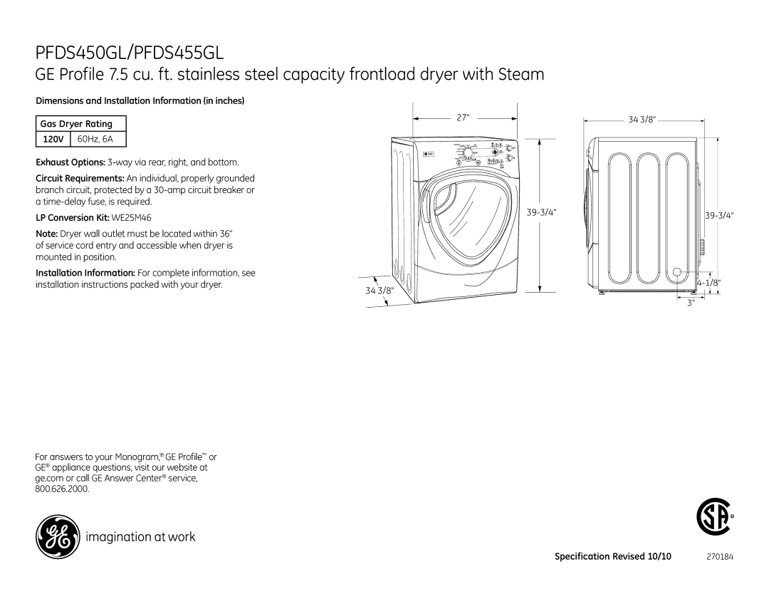 GE PFDS450EL_GL, PFDS455GL dimensions Dimensions and Installation Information in inches, 120V, LP Conversion Kit WE25M46 