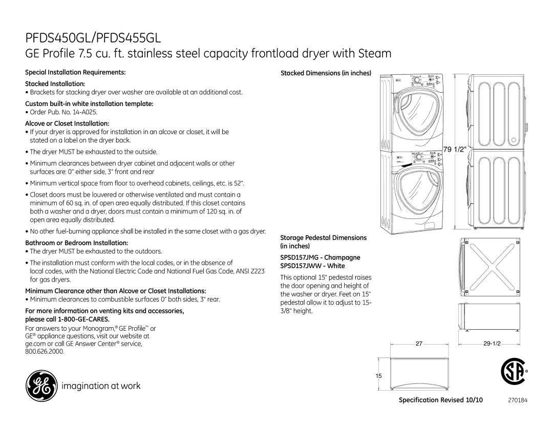 GE PFDS450EL dimensions Special Installation Requirements Stacked Installation, Custom built-in white installation template 