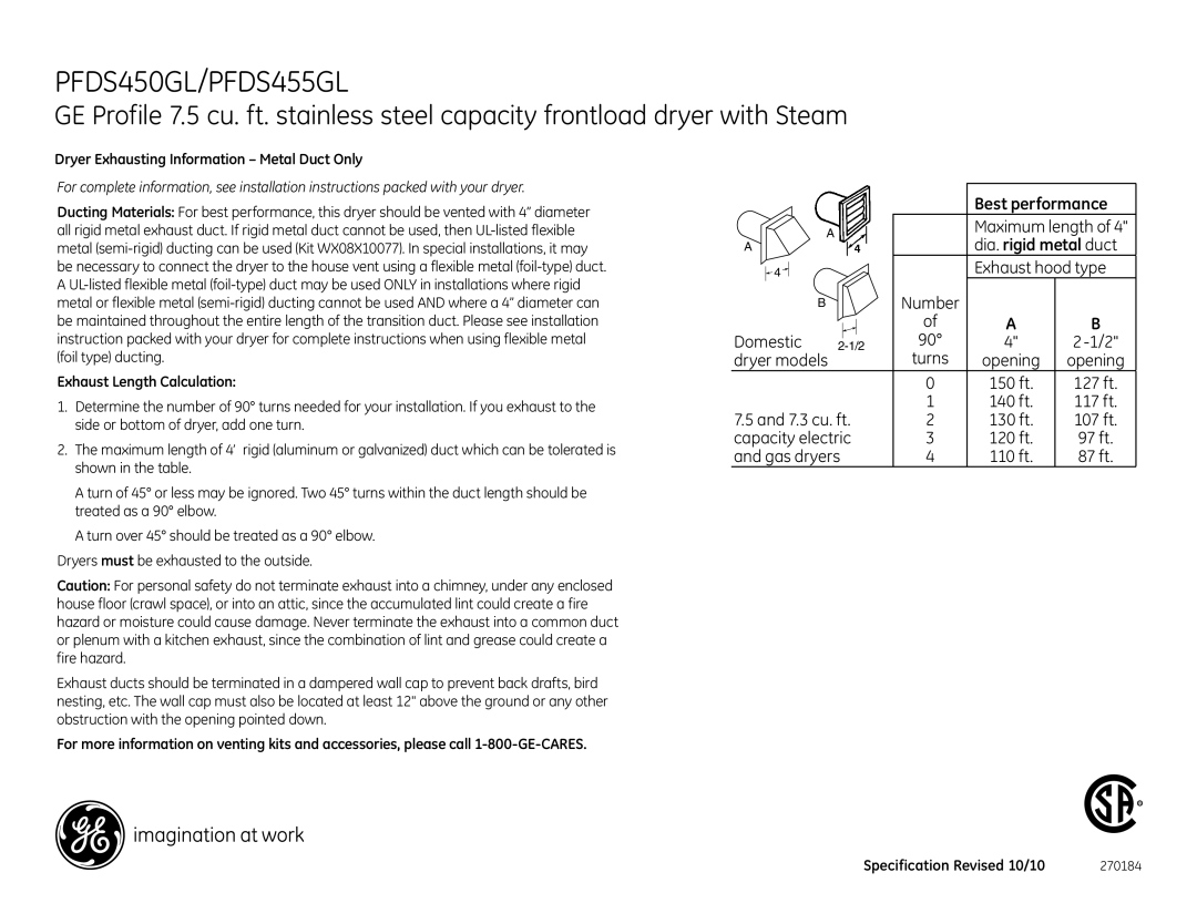 GE PFDS455GLWW, PFDS450EL_GL, PFDS455EL, PFDS450GL Dryer Exhausting Information Metal Duct Only, Exhaust Length Calculation 