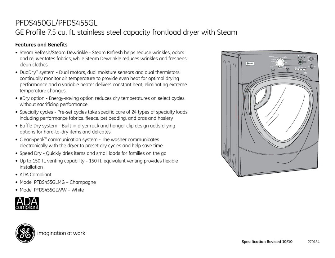 GE PFDS450EL_GL, PFDS455GLWW, PFDS455EL_GL, PFDS455GLMG, PFDS450GL dimensions Features and Benefits 