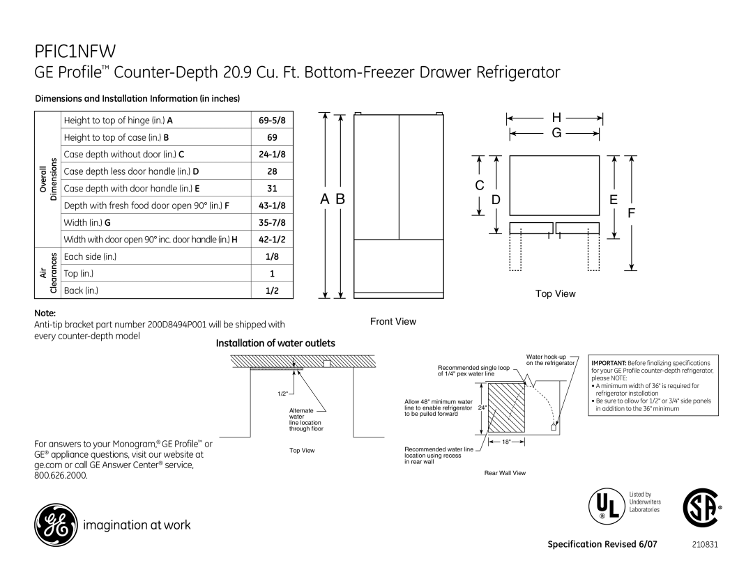 GE PFIC1NFW dimensions 