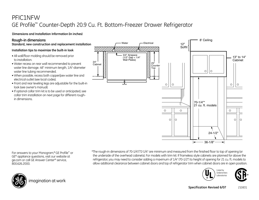 GE PFIC1NFW Rough-in dimensions 