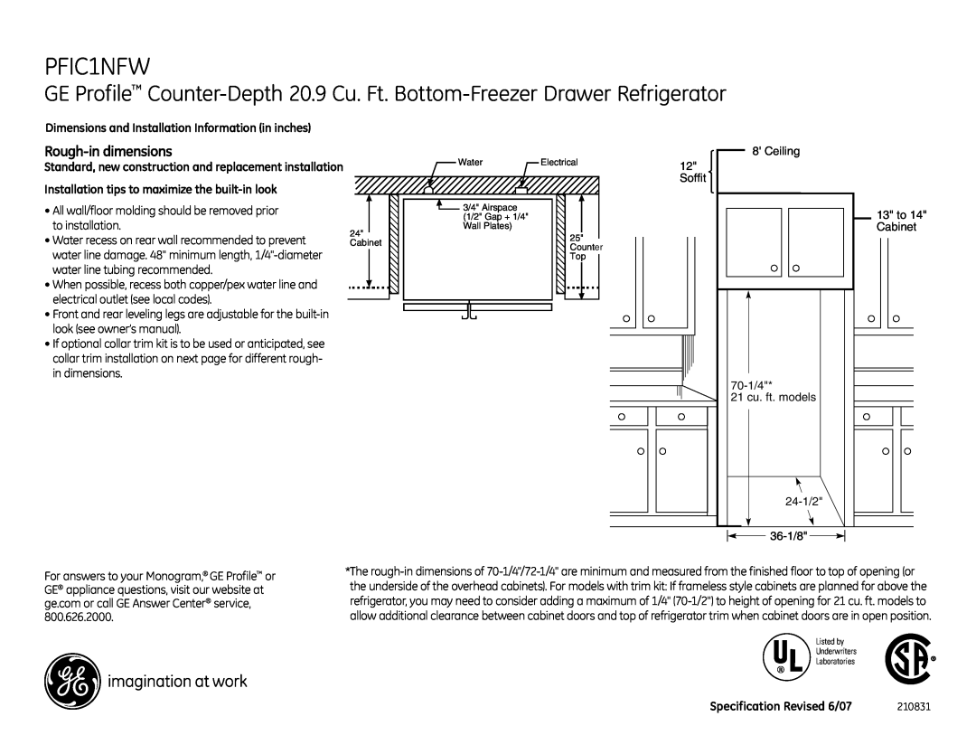 GE PFIC1NFW Rough-in dimensions, Cabinet, Water Electrical 3/4 Airspace 1/2 Gap + 1/4 Wall Plates, Counter Top 
