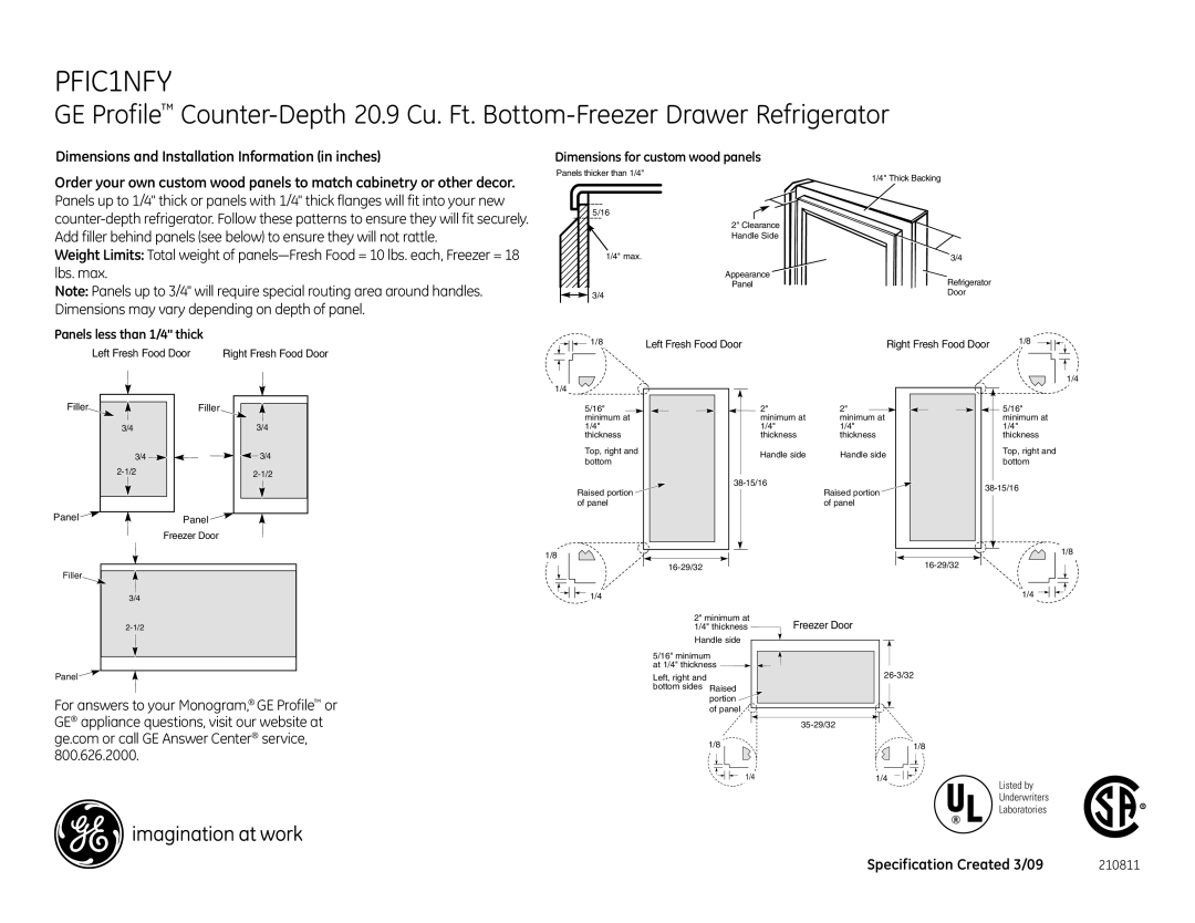 GE PFIC1NFY dimensions Dimensions and Installation Information in inches, Dimensions for custom wood panels 