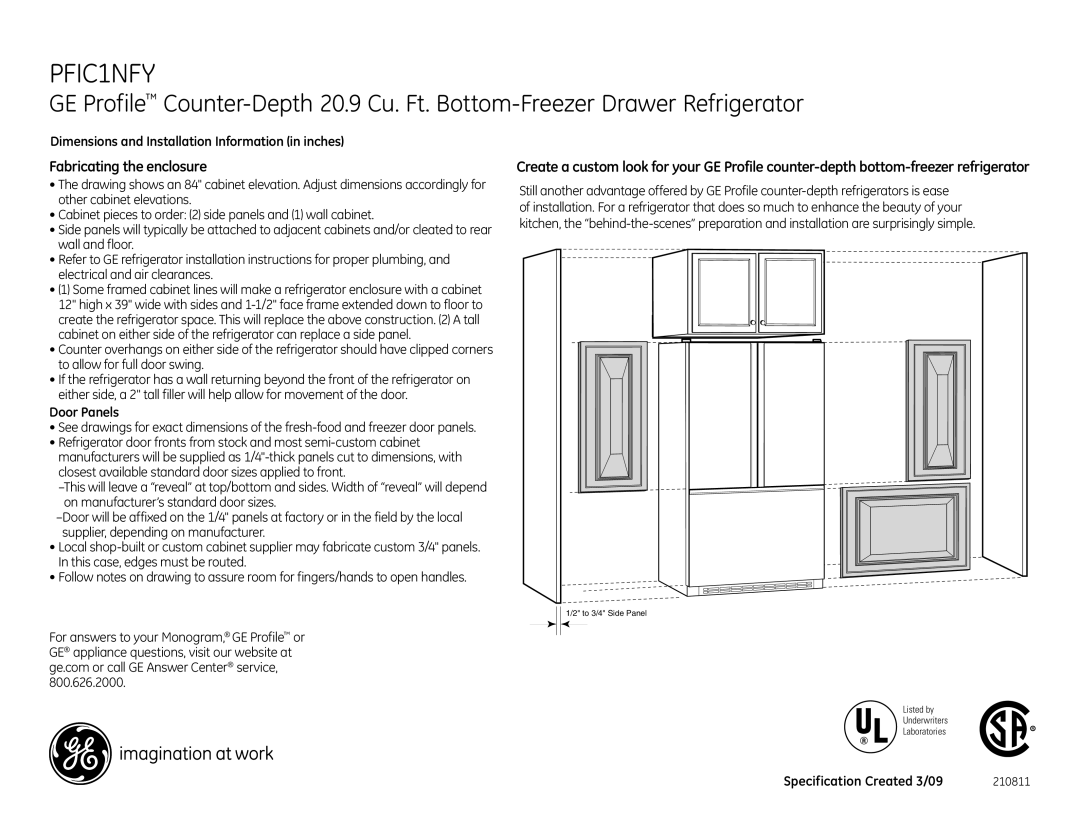 GE PFIC1NFY dimensions Fabricating the enclosure, Door Panels 