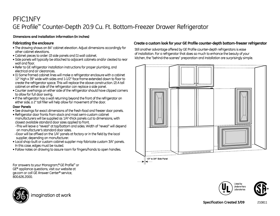 GE PFIC1NFY dimensions Fabricating the enclosure, Dimensions and Installation Information in inches, Door Panels 