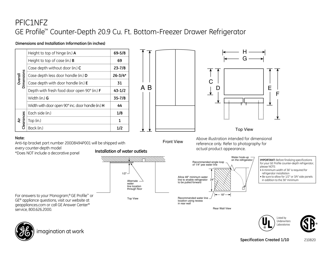 GE PFIC1NFZWV, PFIC1NBWBV dimensions Installation of water outlets, Each side Back Top, Specification Created 1/10 