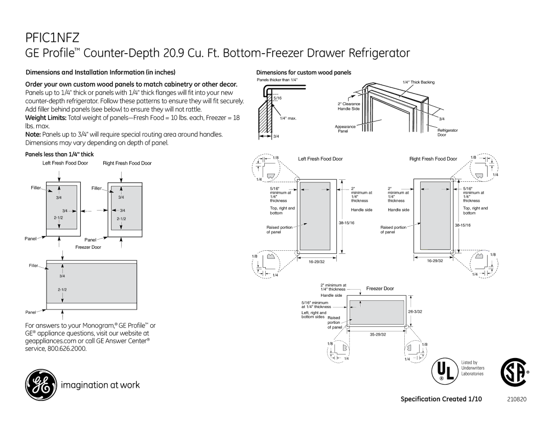 GE PFIC1NBWBV, PFIC1NFZWV, PFIC1NFZBV Dimensions and Installation Information in inches, Filler Panel, Freezer Door 