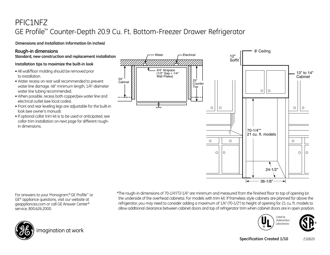 GE PFIC1NFZBV, PFIC1NFZWV, PFIC1NBWBV, PFIC1NBWWV Rough-in dimensions, Listed by Underwriters Laboratories 