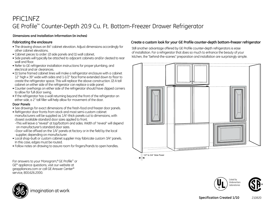 GE PFIC1NBWWV, PFIC1NFZWV, PFIC1NBWBV, PFIC1NFZBV dimensions Fabricating the enclosure, Door Panels 