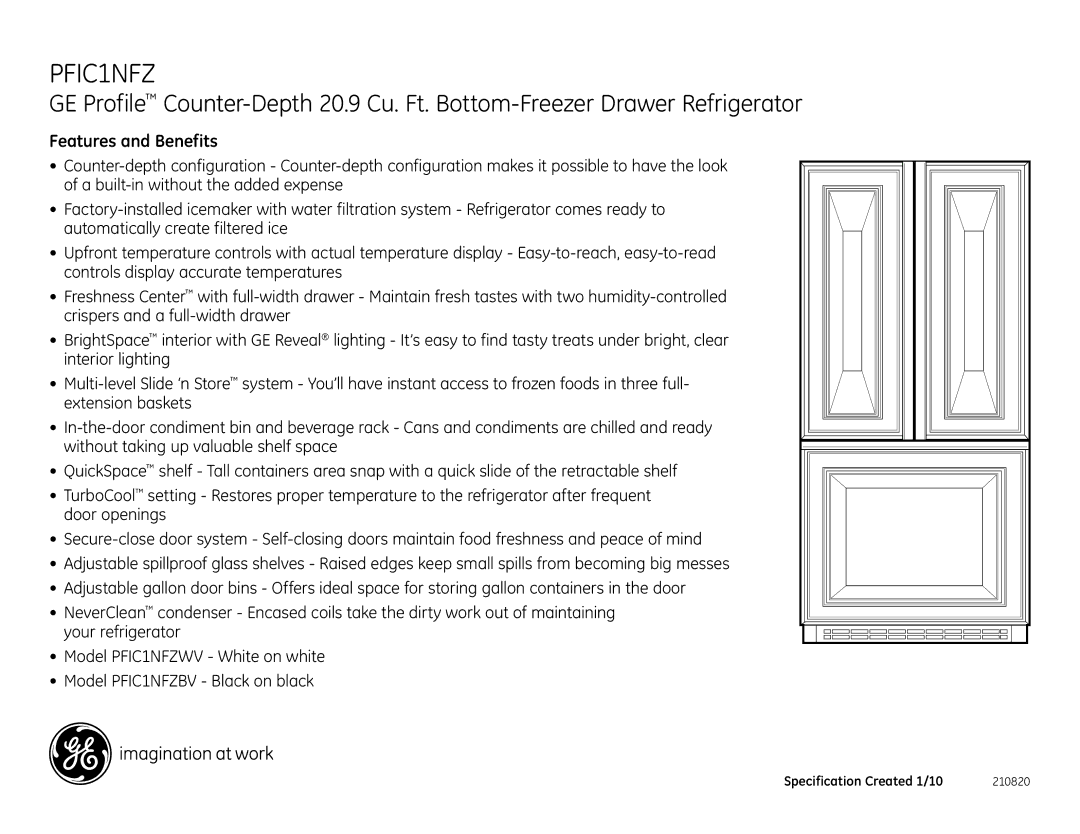 GE PFIC1NFZWV, PFIC1NBWBV, PFIC1NFZBV, PFIC1NBWWV dimensions Features and Benefits 