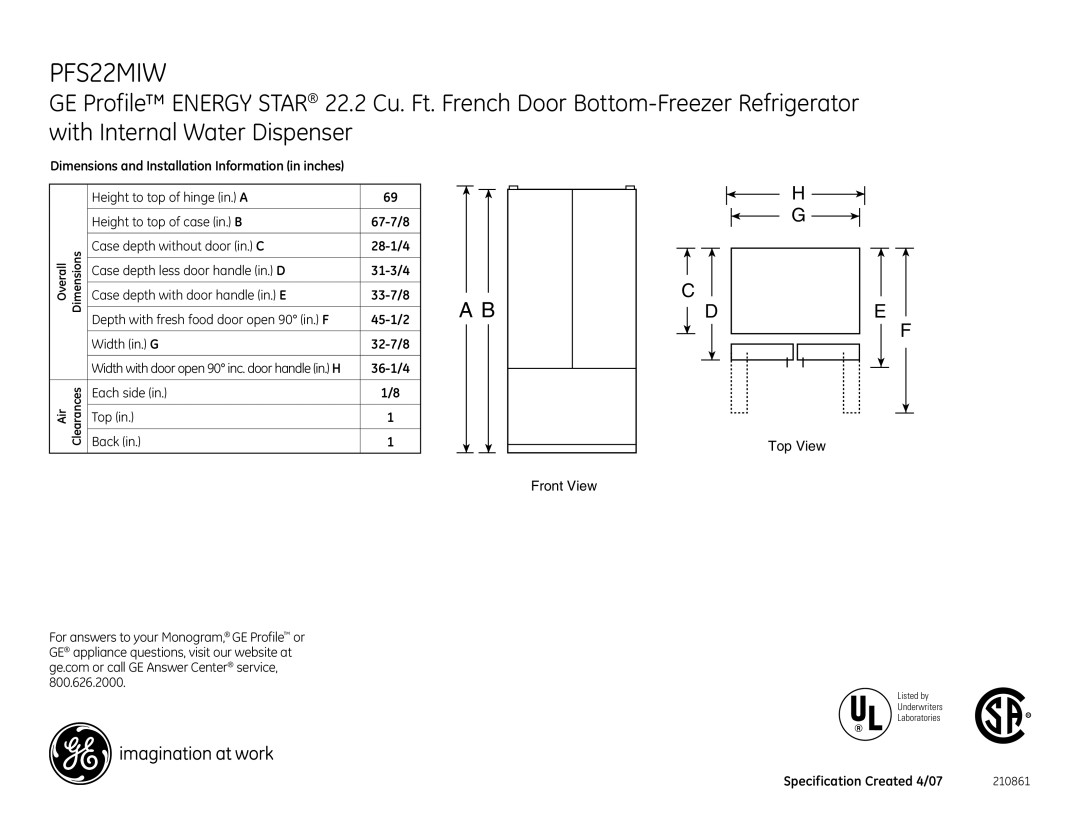 GE PFS22MIW dimensions 