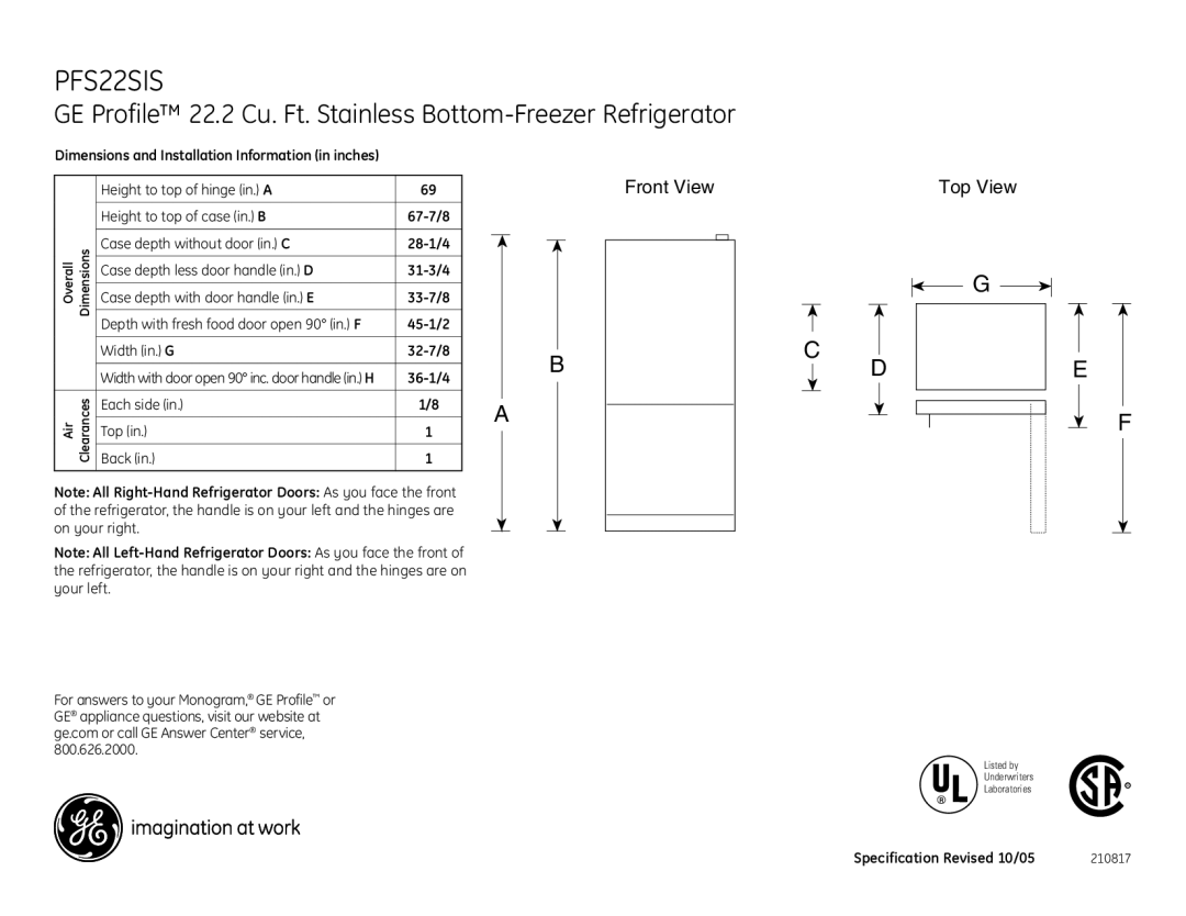 GE PFS22SIS dimensions 