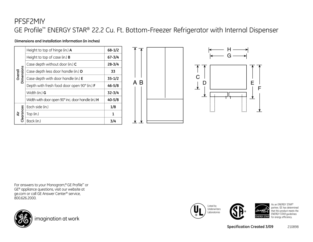 GE PFSF2MIY, PFSF2MIX, PFSS2MIYWW, PFSS2MIYBB dimensions 40-5/8, Each side Back Top, Specification Created 3/09 