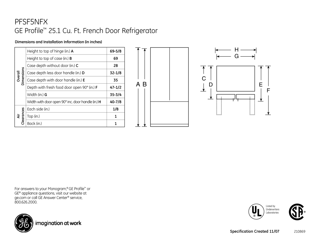 GE PFSF5NFX dimensions GE Profile 25.1 Cu. Ft. French Door Refrigerator 