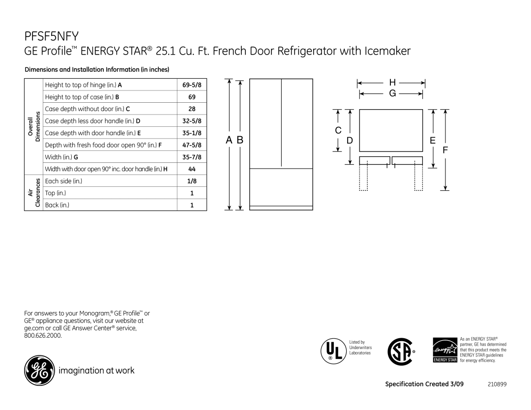 GE PFSF5NFY dimensions Each side Back Top, Specification Created 3/09 