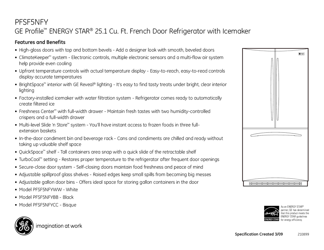 GE PFSF5NFY dimensions Features and Benefits, As an Energy Star 