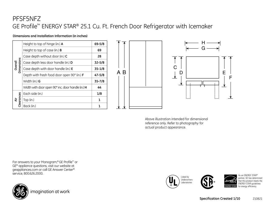 GE PFSF5NFZCC, PFSF5NFZBB, PFSF5NFZWW dimensions Each side Back Top, Specification Created 1/10 