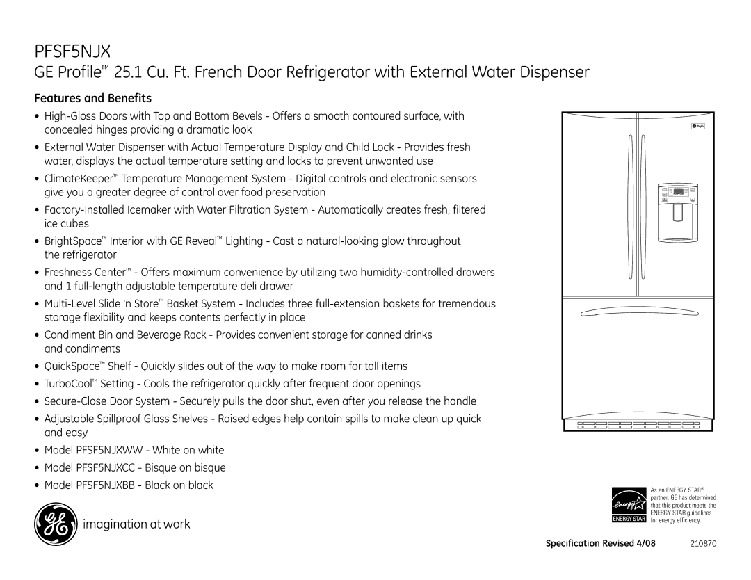 GE PFSF5NJX dimensions Features and Benefits, As an Energy Star 