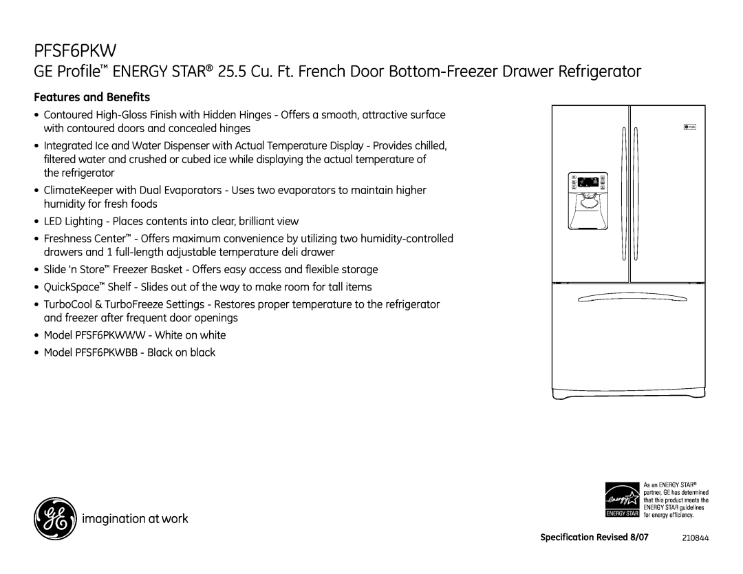 GE PFSF6PKWWW, PFSF6PKWBB dimensions Features and Benefits 