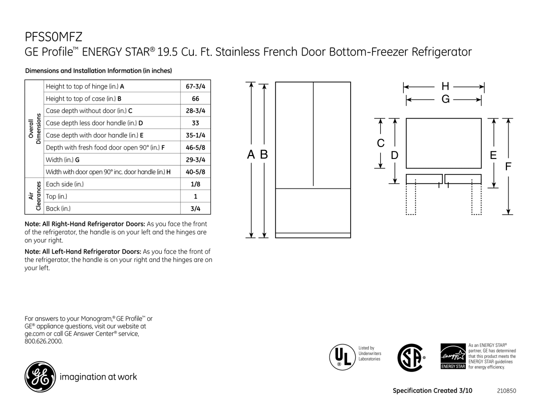 GE PFSS0MFZSS dimensions 40-5/8, Each side Back Top, Specification Created 3/10 