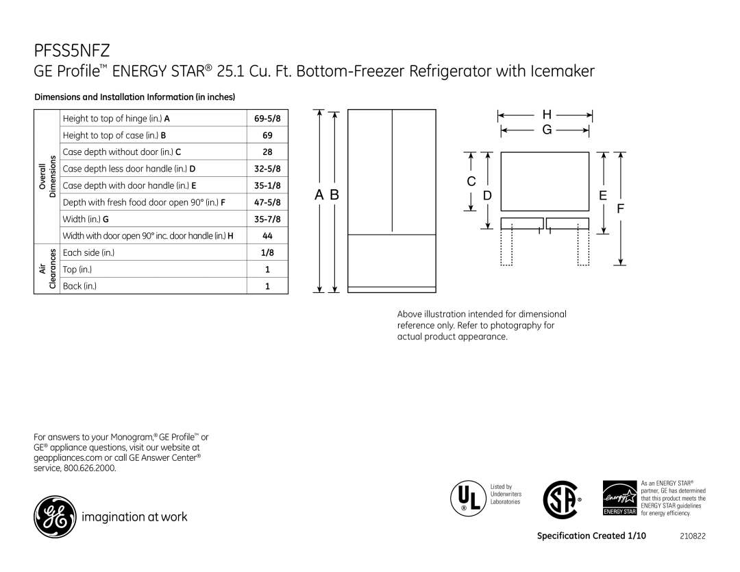 GE PFSS5NFZSS dimensions Each side Back Top, Specification Created 1/10, Listed by Underwriters Laboratories 