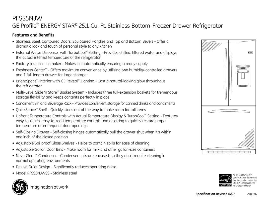 GE PFSS5NJW dimensions Features and Benefits 