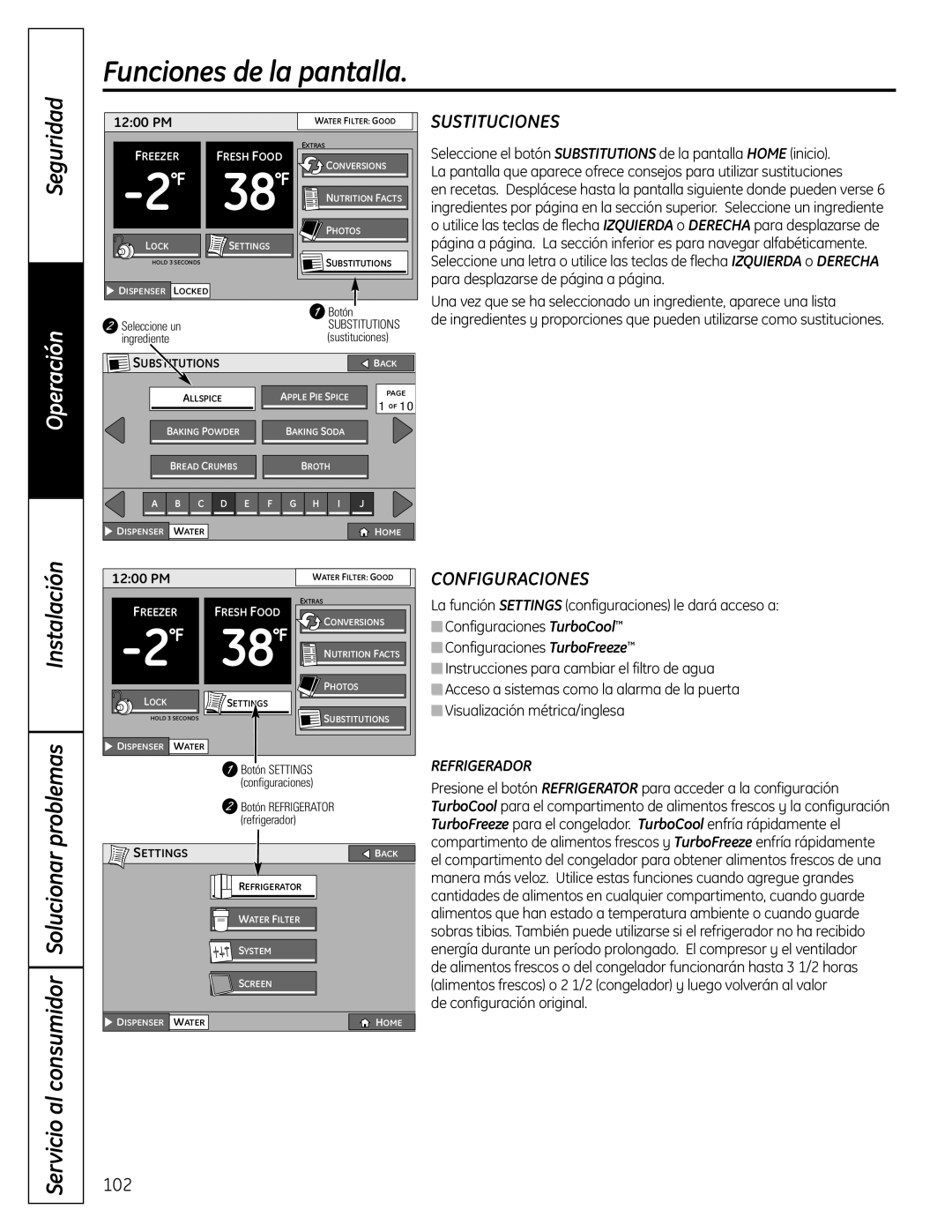 GE PFSS6SMXSS Instalación Servicio al consumidor Solucionar problemas, Seguridad, Sustituciones, Configuraciones, 1200 PM 