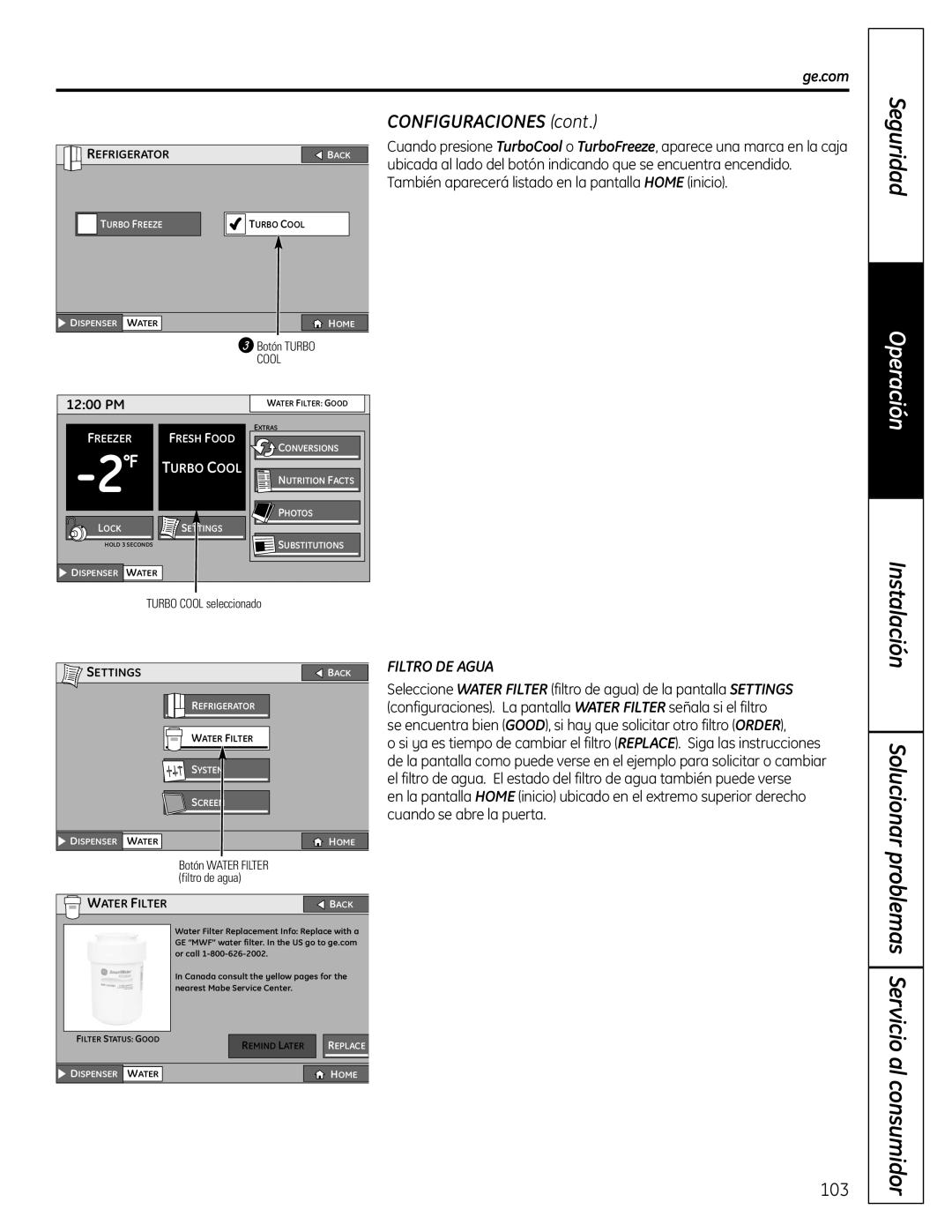 GE PFSS6SMXSS Solucionar, problemas Servicio al consumidor, CONFIGURACIONES cont, Seguridad, Instalación 