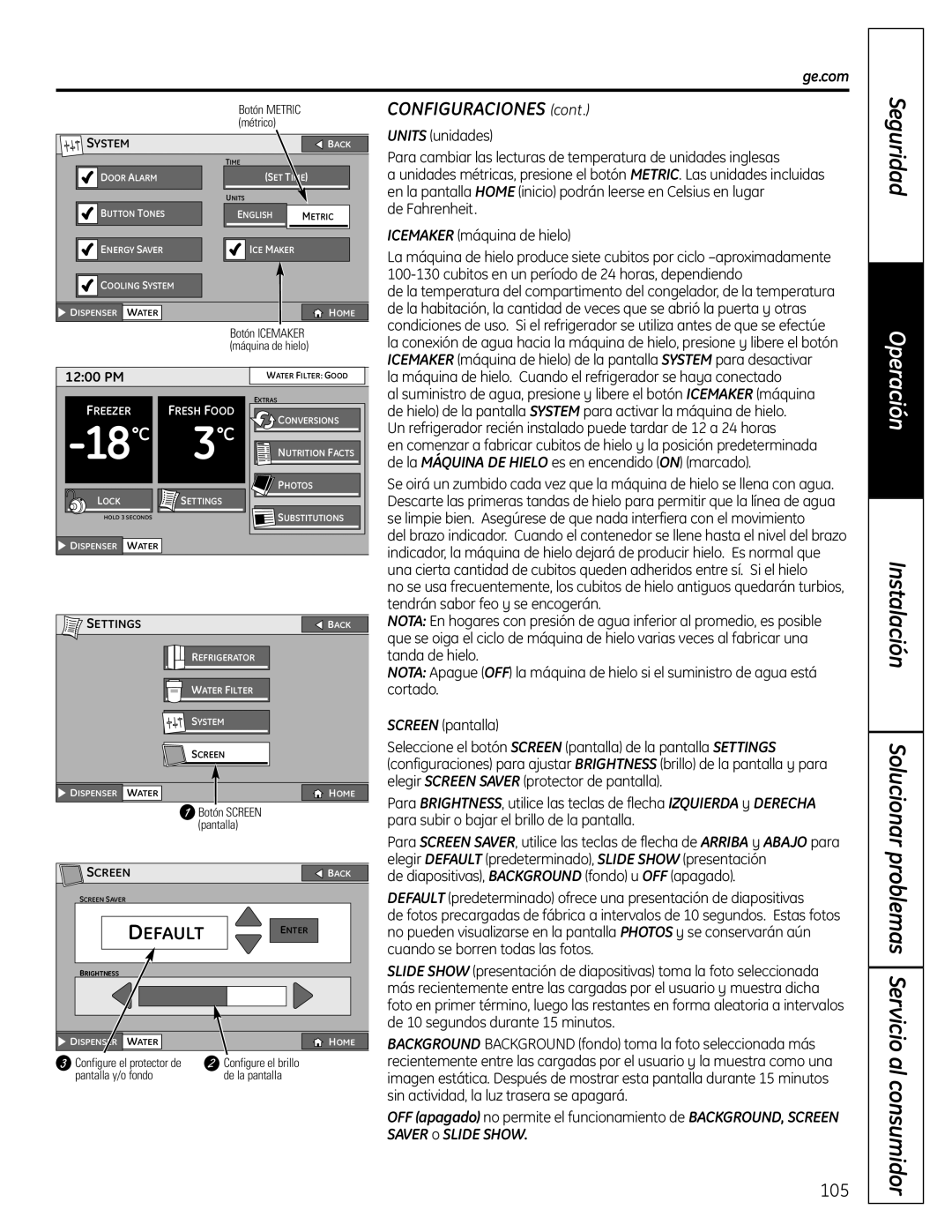 GE PFSS6SMXSS Solucionar problemas Servicio al consumidor, Seguridad, Operación, Instalación, CONFIGURACIONES cont 