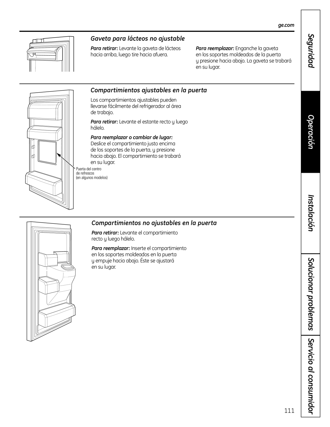 GE PFSS6SMXSS Gaveta para lácteos no ajustable, Compartimientos ajustables en la puerta, Seguridad, Operación, Instalación 