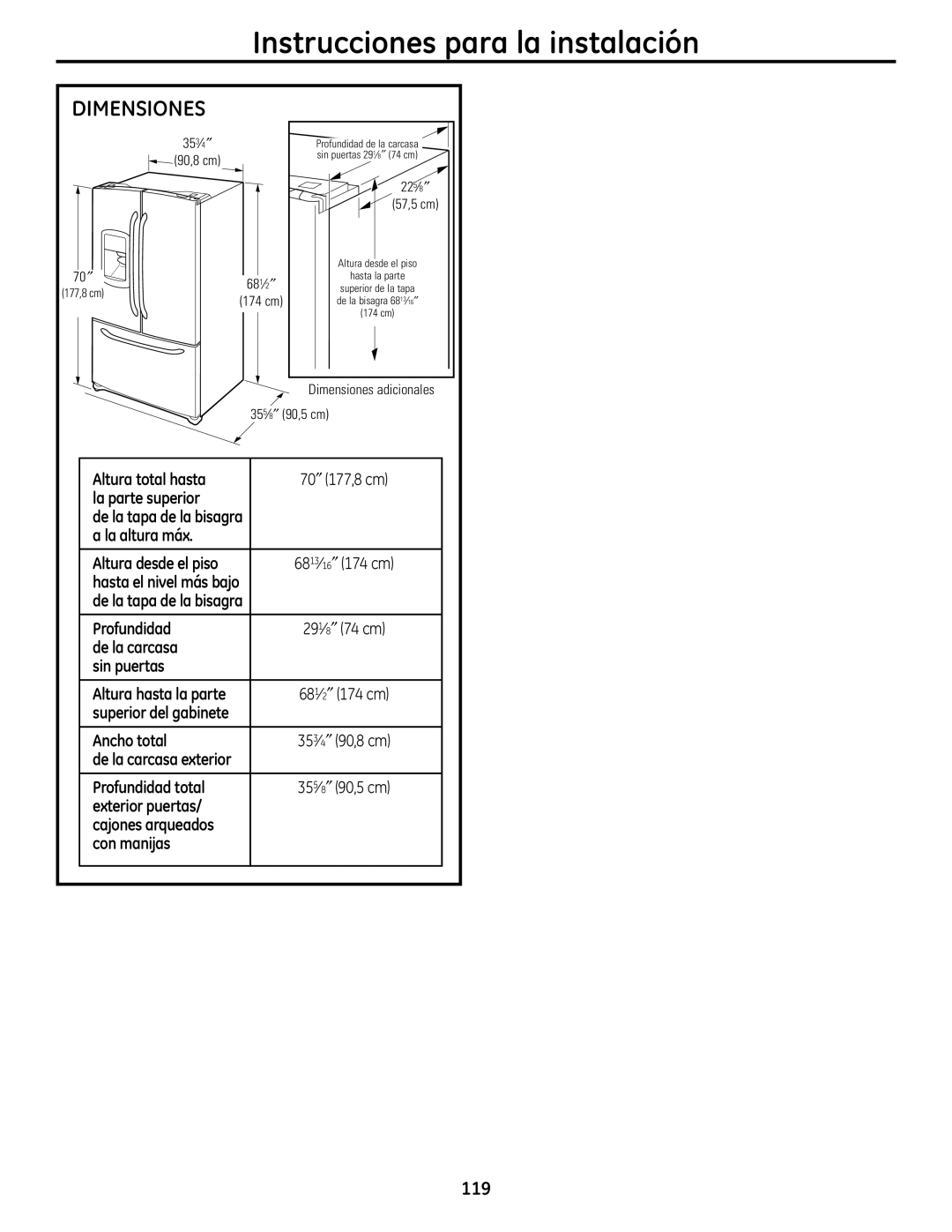GE PFSS6SMXSS Instrucciones para la instalación, Dimensiones, Altura total hasta, 70 ″ 177,8 cm, la parte superior, 174 cm 