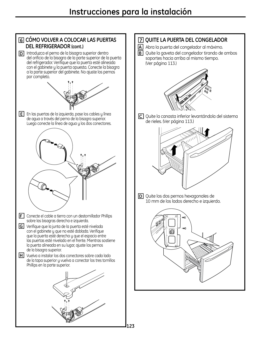 GE PFSS6SMXSS Quite La Puerta Del Congelador, CÓMO VOLVER A COLOCAR LAS PUERTAS DEL REFRIGERADOR cont, D E F G H 