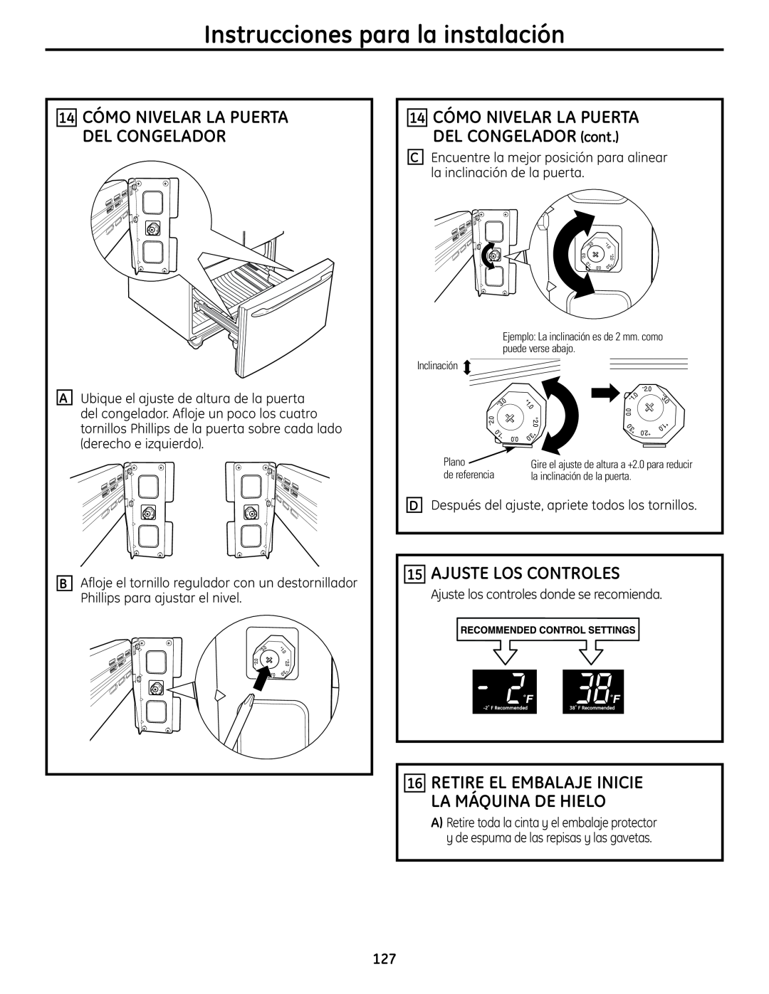 GE PFSS6SMXSS Ajuste Los Controles, 14 CÓMO NIVELAR LA PUERTA DEL CONGELADOR, Instrucciones para la instalación 